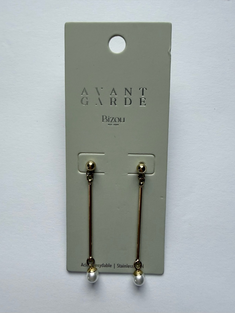 NWT Avant Garde Bizou Pearl Drop Bar Earrings Gold Tone NWT